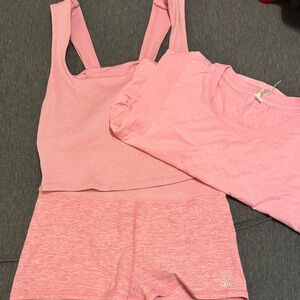 ALO Yoga Pink Ribbed Tank, Shorts & Tee Trio